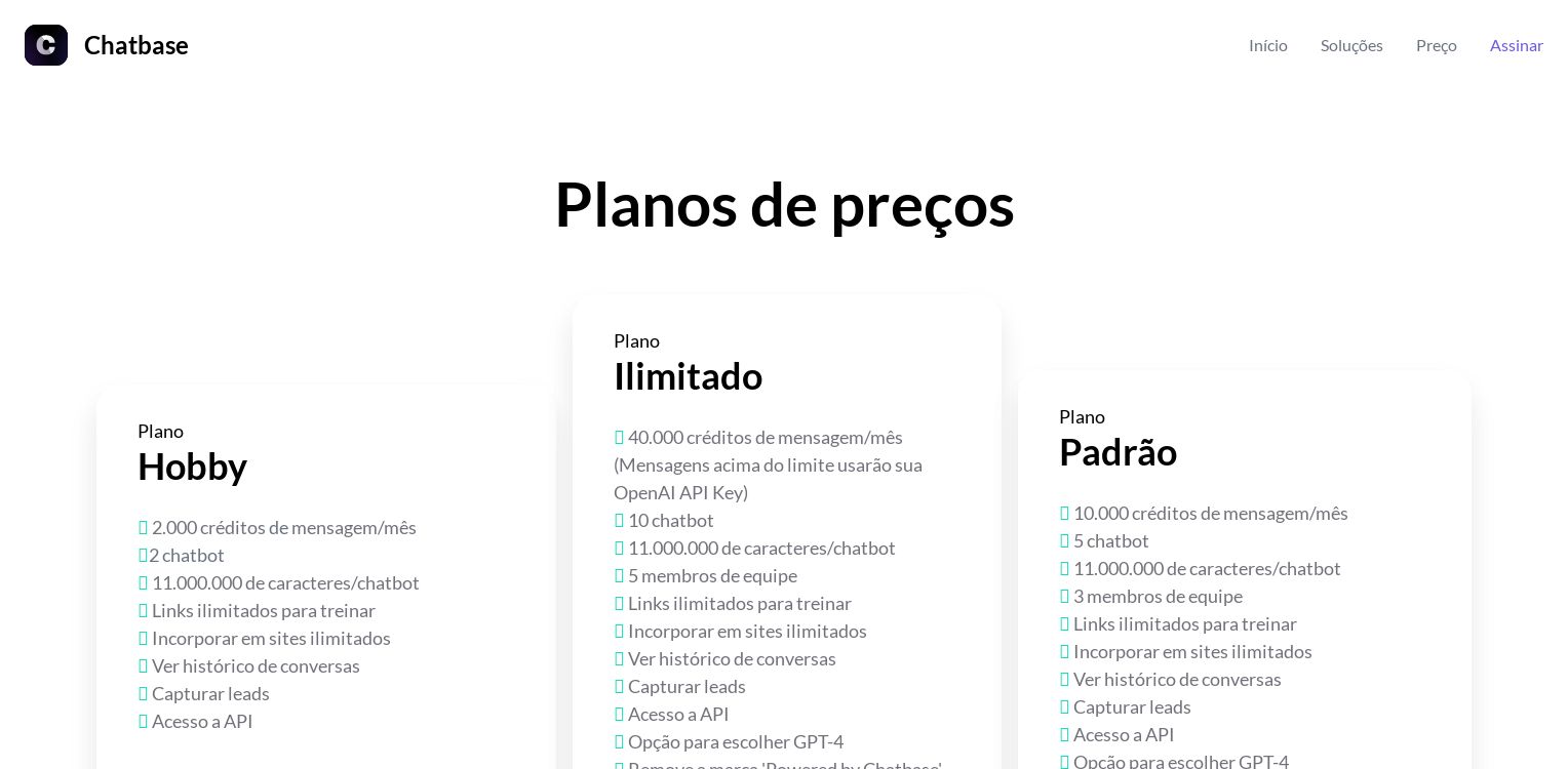 Planos e Preços de Suporte IA | ChatBase